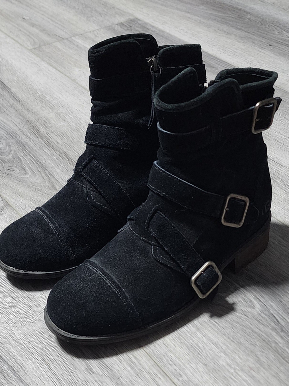 UGG Finney Black Suede Moto Boots Triple Buckle Mid Calf Womens Size 8.5